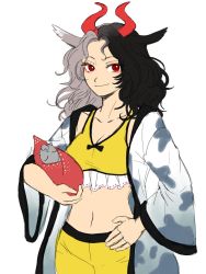 Rule 34 | 1girl, animal ears, animal print, black hair, breasts, cleavage, commentary request, cow ears, cow girl, cow horns, cow print, cow tail, crop top, eyelashes, frilled shorts, frills, grey hair, hand on own hip, haori, highres, horns, japanese clothes, kuya (hey36253625), medium breasts, midriff, multicolored hair, navel, red eyes, red horns, red tail, shorts, simple background, sketch, split-color hair, statue, stomach, tail, tank top, touhou, two-tone hair, ushizaki urumi, white background, yellow shorts, yellow tank top