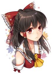 Rule 34 | 1girl, ascot, black hair, bow, collarbone, commentary request, detached sleeves, floral print, hair bow, hair tubes, hakurei reimu, highres, long hair, looking at viewer, mise yuzuki, ponytail, red bow, red eyes, solo, touhou, upper body, vest, white background