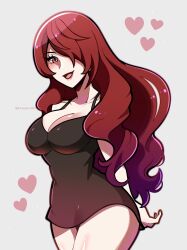 Rule 34 | 1girl, arms behind back, artist name, black dress, breasts, cleavage, collarbone, commentary, cowboy shot, dress, english commentary, eyelashes, gradient hair, grey background, hair over one eye, heart, highres, kirijou mitsuru, large breasts, long hair, looking at viewer, multicolored hair, open mouth, persona, persona 3, red eyes, red hair, red lips, simple background, sleeveless, sleeveless dress, smile, solo, standing, touyarokii, twitter username