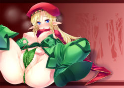 Rule 34 | 1girl, alleyne (queen&#039;s blade), alleyne (queen's blade), beret, blonde hair, blue eyes, blush, boots, braid, breasts, cleft of venus, elf, fat mons, fighting master alleyne, foreshortening, gloves, goban, green footwear, hat, heavy breathing, large breasts, leaf, leaf panties, leaf print, long hair, looking at viewer, lying, nipples, on back, open mouth, panties, partially visible vulva, pointy ears, presenting, print panties, pulling own clothes, queen&#039;s blade, red scarf, scarf, side braid, solo, spread legs, strap pull, sweat, thigh boots, thighhighs, underwear