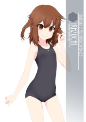 Rule 34 | 1girl, artist name, black one-piece swimsuit, brown eyes, brown hair, character name, collarbone, contrapposto, cowboy shot, eyes visible through hair, flat chest, hair between eyes, highres, ikazuchi (kancolle), inaba shiki, kantai collection, looking at viewer, new school swimsuit, one-piece swimsuit, school swimsuit, short hair, simple background, solo, standing, swimsuit, white background