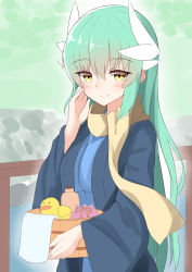 Rule 34 | 1girl, absurdres, blue kimono, blush, breasts, brown eyes, brown scarf, closed mouth, day, dragon horns, fate/grand order, fate (series), green hair, hair between eyes, hand up, highres, horns, japanese clothes, kimono, kiyohime (fate), kiyohime (traveling outfit) (fate), long hair, long sleeves, moyoron, onsen, outdoors, railing, rubber duck, scarf, small breasts, smile, solo, tower, upper body, very long hair, water, wide sleeves