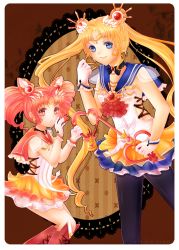 Rule 34 | 1990s (style), 2girls, adapted costume, age difference, artist name, bad id, bad pixiv id, bishoujo senshi sailor moon, bishoujo senshi sailor moon supers, black legwear, black neckwear, blonde hair, blue eyes, blue sailor collar, boots, chibi usa, child, choker, cone hair bun, crescent, cross-laced footwear, crystal carillon, double bun, earrings, emiko tion, gloves, hair bun, hair ornament, hairpin, jewelry, lace-up boots, long hair, magical girl, mother and daughter, multicolored clothes, multicolored skirt, multiple girls, pantyhose, parted bangs, pink hair, pleated skirt, red eyes, red footwear, retro artstyle, sailor chibi moon, sailor collar, sailor moon, sailor senshi, short hair, skirt, smile, standing, super sailor chibi moon, super sailor moon, tiara, tsukino usagi, twintails, white gloves