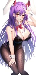 Rule 34 | 1girl, 7saki, absurdres, animal ears, bad id, bad pixiv id, black leotard, bow, bowtie, detached collar, extra ears, fishnet pantyhose, fishnets, highres, leotard, light purple hair, long hair, necktie, pantyhose, playboy bunny, purple hair, rabbit ears, rabbit tail, red eyes, red necktie, reisen udongein inaba, simple background, solo, strapless, strapless leotard, tail, touhou, very long hair, white background, wrist cuffs