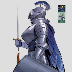 Rule 34 | 1boy, animal crossing, armor, belt, bird, black belt, blue cape, breastplate, cape, card, commentary request, eagle, feathers, from side, gauntlets, grey background, h-a-b (psycho), helmet, highres, holding, holding shield, holding sword, holding weapon, knight, male focus, multiple views, nintendo, personification, photo inset, reference inset, shield, simple background, sterling (animal crossing), sword, tagme, weapon
