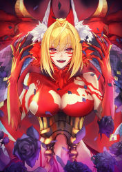 Rule 34 | 1girl, ahoge, animal ear fluff, animal ears, black flower, blonde hair, body markings, breasts, claws, commentary, facial mark, fangs, fate/grand order, fate/grand order arcade, fate (series), flower, fur, hair intakes, hands up, highres, horns, kaji zarame, large breasts, looking at viewer, medium hair, navel, nero claudius (fate), nero claudius (fate) (all), open mouth, petals, plackart, queen draco (beast vi/s) (fate), queen draco (fate), red eyes, sharp teeth, solo, teeth, upper body, wolf ears, wolf girl