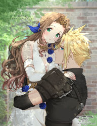 Rule 34 | 1boy, 1girl, aerith gainsborough, aerith gainsborough (prism dress), armor, arms around waist, black shirt, blonde hair, blue eyes, blue flower, blue rose, blush, breasts, brick wall, brown hair, cleavage, cloud strife, cloud strife (murasame), couple, crown, detached sleeves, dress, earrings, final fantasy, final fantasy vii, final fantasy vii ever crisis, final fantasy vii remake, flower, green eyes, hair between eyes, hair flower, hair ornament, hair ribbon, hand on another&#039;s shoulder, highres, jewelry, krudears, leaf, long hair, looking at viewer, low ponytail, medium breasts, necklace, official alternate costume, outdoors, parted bangs, ribbon, rose, shirt, shoulder armor, sidelocks, single earring, spiked hair, square enix, tiara, upper body, wavy hair, white dress