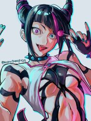 Rule 34 | 1girl, artist name, bare shoulders, black hair, blue eyes, blue nails, breasts, candy, collar, commentary request, constricted pupils, diagonal bangs, eyelashes, food, full-body tattoo, hair horns, han juri, heterochromia, holding, holding candy, holding food, holding lollipop, large breasts, lollipop, momotamago, multicolored hair, navel, pink eyes, pink hair, simple background, solo, spiked collar, spikes, streaked hair, street fighter, street fighter 6, tattoo, tongue, tongue out, twitter username, two-tone hair, white background