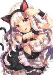 Rule 34 | 1girl, animal ears, bad id, bad pixiv id, breasts, cat ears, cat tail, cleavage, commentary request, fake animal ears, hairband, highres, idolmaster, idolmaster (classic), long hair, maid, md5 mismatch, medium breasts, narumi arata, paw pose, purple eyes, shijou takane, silver hair, solo, tail, thighhighs