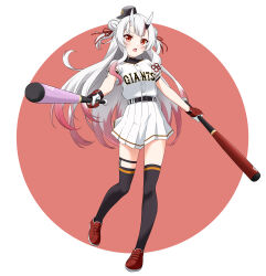 Rule 34 | 1girl, absurdres, alternate costume, baseball bat, baseball cap, baseball uniform, belt, black belt, black bodysuit, black thighhighs, blush, bodysuit, border, breasts, double bun, fang, felutiahime, full body, gloves, gradient hair, hair between eyes, hair bun, hair ribbon, hat, highres, holding, holding baseball bat, hololive, horns, long hair, looking at viewer, medium breasts, multicolored clothes, multicolored gloves, multicolored hair, nakiri ayame, nippon professional baseball, oni, open mouth, pleated skirt, red background, red eyes, red footwear, red gloves, red hair, red ribbon, ribbon, round border, shirt, shirt tucked in, short sleeves, skin-covered horns, skin fang, skirt, solo, sportswear, thigh strap, thighhighs, two-tone background, v-shaped eyebrows, virtual youtuber, white background, white gloves, white hair, white shirt, white skirt, yomiuri giants, zettai ryouiki