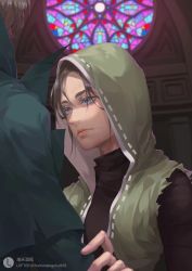 Rule 34 | blue eyes, brown hair, church, couple, green hoodie, holding hands, highres, hood, hoodie, identity v, indoors, jack (identity v), looking at another, naib subedar, realistic, stained glass, stitched mouth, stitches, torn clothes, upper body