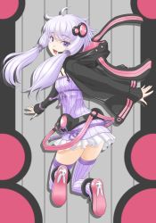 Rule 34 | 1girl, from behind, long hair, looking at viewer, looking back, open mouth, panties, purple eyes, purple hair, see-through, smile, solo, t2r, thighhighs, underwear, vocaloid, voiceroid, yuzuki yukari