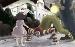 Rule 34 | 1girl, 2boys, all fours, animal ears, barefoot, cloud, creepy, full body, horror (theme), inaba tewi, mcdonald&#039;s, multiple boys, outdoors, pointing, rabbit ears, ronald mcdonald, shoes, sky, standing, tongue, touhou, you gonna get raped