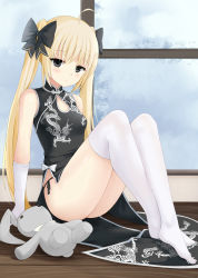 Rule 34 | 1girl, absurdres, ahoge, ass, bad id, bad pixiv id, bare shoulders, black dress, black eyes, black panties, black ribbon, blonde hair, blush, breasts, china dress, chinese clothes, closed mouth, commentary request, day, dress, elbow gloves, gloves, hair ribbon, highres, indoors, kasugano sora, knees up, long hair, looking at viewer, no shoes, on floor, panties, pelvic curtain, print dress, qianqiu wanxia, ribbon, side-tie panties, sidelocks, sitting, sleeveless, sleeveless dress, small breasts, solo, stuffed animal, stuffed rabbit, stuffed toy, thighhighs, thighs, twintails, underwear, very long hair, white gloves, white thighhighs, window, wooden floor, yosuga no sora