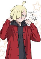 Rule 34 | 1boy, ahoge, alternate costume, black hoodie, blonde hair, buttons, closed mouth, coat, commentary request, creatures (company), dated, ear piercing, game freak, gladion (pokemon), green eyes, hair over one eye, hands up, highres, hood, hoodie, long sleeves, male focus, nintendo, one-hour drawing challenge, open clothes, open coat, piercing, pokemon, pokemon sm, red coat, short hair, signature, solo, star (symbol), tamura (kouititamura), upper body, white background