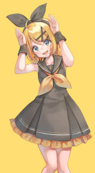 Rule 34 | 1girl, armpits, asahi yuuji, bare shoulders, black bow, black dress, black wrist cuffs, blonde hair, blue eyes, blush, borrowed design, bow, bowtie, collarbone, commentary, dress, frilled dress, frills, hair bow, hair ornament, hairclip, hands up, highres, kagamine rin, light blush, looking up, short hair, simple background, smile, solo, treble clef, upper body, vocaloid, sour model (mikumikudance), wrist cuffs, yellow background