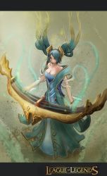 Rule 34 | 1girl, blue hair, bracelet, breasts, cleavage, dress, gem, green hair, highres, instrument, jewelry, large breasts, league of legends, long hair, multicolored hair, solo, sona (league of legends), yuda (a5)