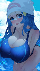 Rule 34 | 1girl, aged up, alternate breast size, beanie, blue eyes, blue hair, blue one-piece swimsuit, breasts, creatures (company), dawn (pokemon), game freak, hair ornament, hairclip, half updo, hat, head tilt, large breasts, nintendo, one-piece swimsuit, pokemon, pokemon dppt, sparkle, sumisumii, swimsuit, tongue, tongue out, water, wet, wet clothes, wet swimsuit, white hat