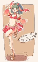 Rule 34 | 1girl, bikini, bikini top only, blunt bangs, border, bow, bracelet, breasts, brown background, circle skirt, cleavage, clenched hand, dancer, detached sleeves, floating hair, frilled skirt, frills, fujii tomo, gladiator sandals, green hair, grey border, hair bow, hand up, highres, idolmaster, idolmaster cinderella girls, imay3927, jewelry, long hair, long sleeves, looking at viewer, navel, no socks, open mouth, outside border, pendant, puffy long sleeves, puffy sleeves, red bikini, red bow, red sleeves, sandals, sidelocks, simple background, skirt, small breasts, smile, solo, standing, standing on one leg, stomach, swimsuit, wide ponytail, yellow eyes
