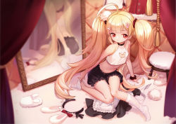 Rule 34 | 1girl, absurdres, ahoge, animal ears, apron, azur lane, bare arms, bare shoulders, black bloomers, black hairband, black scrunchie, black skirt, blonde hair, bloomers, closed mouth, commentary request, curtains, eldridge (azur lane), fake animal ears, frilled apron, frills, full body, hair ornament, hairband, unworn hairband, hairclip, highres, kneehighs, kneehighs pull, kotoba (610430468), long hair, mirror, no shoes, on floor, rabbit cutout, rabbit ears, rabbit hair ornament, red eyes, reflection, scrunchie, shirt, skirt, unworn skirt, sleeveless, sleeveless shirt, socks, solo, stool, twintails, underwear, undressing, very long hair, waist apron, white apron, white shirt, white socks, wrist scrunchie