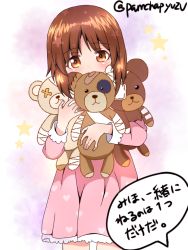 Rule 34 | 1girl, aged down, bandages, bandaid, boko (girls und panzer), brown eyes, brown hair, commentary, covering face, cowboy shot, dress, girls und panzer, heart, heart print, hiding, holding, holding stuffed toy, lace, lace-trimmed dress, lace trim, long sleeves, looking at viewer, medium dress, nishizumi miho, one-hour drawing challenge, pamchapyuzu, pink dress, short hair, shy, solo, standing, star (symbol), starry background, stuffed animal, stuffed toy, teddy bear, translated, twitter username