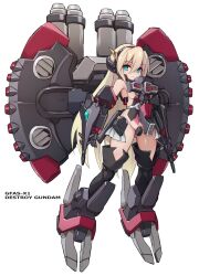 Rule 34 | 1girl, bare shoulders, black footwear, black gloves, blonde hair, blue eyes, boots, breasts, closed mouth, commentary request, copyright request, gloves, gluteal fold, groin, hair between eyes, highres, karukan (monjya), long hair, looking at viewer, mecha musume, medium breasts, revealing clothes, sideboob, simple background, solo, thigh boots, very long hair, white background