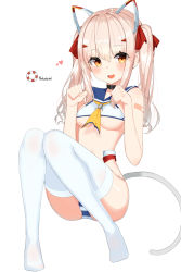 Rule 34 | 1girl, :d, alternate hairstyle, animal ears, ascot, ass, ayanami (azur lane), azur lane, bad id, bad pixiv id, bandaid, bandaid on arm, blue sailor collar, breasts, brown hair, cat tail, choker, crop top, fake animal ears, fang, hair ornament, hair ribbon, hands up, long hair, looking at viewer, medium breasts, no bra, no pants, no shoes, open mouth, orange eyes, panties, paw pose, retrofit (azur lane), ribbon, sailor collar, shirt, sidelocks, simple background, sleeveless, sleeveless shirt, smile, solo, stomach, striped clothes, striped panties, tail, thighhighs, twintails, underboob, underwear, w.k, white background, white shirt, white thighhighs, yellow ascot