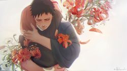 Rule 34 | 1boy, 1girl, black hair, black shirt, blouse, bracelet, closed mouth, colored skin, commentary request, datomato, closed eyes, flower, from behind, hand in another&#039;s hair, highres, hug, jewelry, multicolored skin, mutual hug, naruto (series), naruto shippuuden, nohara rin, scar, scar on face, shirt, short hair, two-tone skin, uchiha obito, wide sleeves