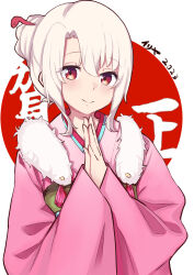 Rule 34 | 1girl, 2023, absurdres, braid, closed mouth, commentary request, fate/kaleid liner prisma illya, fate (series), fur collar, hair between eyes, hair bun, highres, illyasviel von einzbern, japanese clothes, kimono, long sleeves, looking at viewer, palms together, parted bangs, pear sauce, pink kimono, red background, red eyes, sleeves past wrists, smile, solo, two-tone background, upper body, white background, white hair, wide sleeves