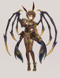 Rule 34 | 1girl, absurdres, animal ears, bodysuit, bodysuit under clothes, boots, breasts, brown hair, claw ring, commission, corruption, dark persona, demon girl, demon horns, demon wings, full body, garter straps, gold trim, grey background, hand on own chest, highres, horns, looking at viewer, medium breasts, one eye closed, original, rabbit ears, rabbit girl, rabbit tail, shen hai ichigo, short hair, skeletal wings, skin tight, solo, standing, tail, thigh boots, variant set, wings, yellow eyes