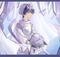 Rule 34 | 1boy, blue background, blue flower, bouquet, closed mouth, flower, genshin impact, hair between eyes, highres, holding, holding bouquet, jewelry, letterboxed, long sleeves, male focus, mnce o, necklace, purple eyes, purple hair, purple veil, scaramouche (genshin impact), scaramouche (kabukimono) (genshin impact), simple background, solo, veil, wide sleeves