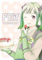 Rule 34 | 1girl, blush, cake, copyright name, fire emblem, fire emblem fates, food, fruit, green hair, midori (fire emblem), nintendo, one eye closed, purple eyes, solo, strawberry, tico, tongue, tongue out, twintails