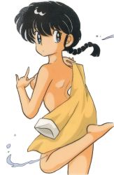 Rule 34 | 1980s (style), 1girl, barefoot, blue eyes, braid, braided ponytail, carrying over shoulder, genderswap, genderswap (mtf), holding, holding clothes, holding shirt, leg up, long hair, nude, official art, oldschool, ranma-chan, ranma 1/2, retro artstyle, saotome ranma, shirt, simple background, single braid, solo, takahashi rumiko, water, white background