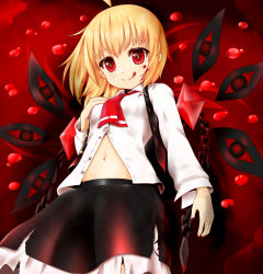 Rule 34 | 1girl, :q, ahoge, blonde hair, blood, blood on face, blood on hands, blush, chiroshiron, ex-rumia, hair ribbon, hand on own chest, highres, navel, open clothes, open shirt, red eyes, ribbon, rumia, shirt, short hair, skirt, smile, solo, tongue, tongue out, torn clothes, torn skirt, touhou