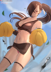 Rule 34 | 1girl, absurdres, asymmetrical bangs, braid, breasts, brown eyes, brown hair, brown skirt, cleavage, closed mouth, clothes lift, collarbone, day, fire emblem, fire emblem fates, fishnet thighhighs, fishnets, floating hair, hair over one eye, hair ribbon, highres, kagero (fire emblem), kunai, long hair, looking at viewer, medium breasts, midriff, miniskirt, navel, nintendo, outdoors, panties, pantyshot, pom pom (cheerleading), ponytail, red panties, ribbon, side slit, skirt, skirt lift, solo, standing, stomach, thighhighs, underwear, very long hair, vilde loh hocen, weapon, white ribbon, wind, wind lift
