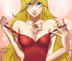 Rule 34 | 1boy, 1girl, atlus, bad hands, between breasts, blonde hair, breasts, brief (psg), catherine (game), catherine cover parody, cleavage, cover, eyeshadow, giant, giantess, makeup, mini person, miniboy, orange hair, panty &amp; stocking with garterbelt, panty (psg), parody, person between breasts, stuck, undressing, yukihana (awa)