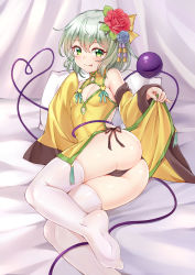 Rule 34 | 1girl, absurdres, adapted costume, ass, bare shoulders, bed sheet, black panties, blue flower, blue rose, breasts, chinese clothes, dress, flower, green eyes, green hair, hair flower, hair ornament, highres, komeiji koishi, looking at viewer, lying, no shoes, on side, panties, red flower, red rose, rose, short hair, side-tie panties, skirt hold, sleeves past wrists, small breasts, smile, solo, thighhighs, third eye, tongue, tongue out, touhou, underwear, white thighhighs, wide sleeves, yangshangshu, yellow dress