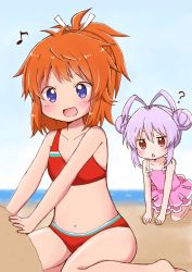 Rule 34 | 2girls, :&lt;, :d, ?, all fours, antenna hair, bare arms, bare shoulders, beach, bikini, blue eyes, blue sky, blush, brown eyes, brown hair, casual one-piece swimsuit, collarbone, commentary request, day, double bun, frilled swimsuit, frills, hair between eyes, hair bun, hair ribbon, hair up, halterneck, highres, horizon, koshigaya natsumi, miyauchi renge, multiple girls, non non biyori, ocean, one-piece swimsuit, open mouth, outdoors, parted lips, pink one-piece swimsuit, red bikini, ribbon, sand, shika (s1ka), sidelocks, sitting, sky, smile, swimsuit, triangle mouth, wariza, white ribbon