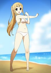 Rule 34 | 1girl, :o, barefoot, beach, bikini, blonde hair, blue eyes, blue sky, cloud, commentary request, day, full body, highres, k-on!, kicchi (tmgk), kotobuki tsumugi, long hair, looking at viewer, navel, ocean, official alternate hairstyle, open mouth, ponytail, sand, shadow, sky, solo, standing, swimsuit, thick eyebrows, water, white bikini