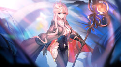 Rule 34 | 1girl, absurdres, azur lane, black cape, black dress, black gloves, breasts, brown hair, cape, chinese commentary, cleavage, clemenceau (azur lane), closed mouth, collarbone, commentary request, completion time, covered navel, cowboy shot, cross, crown, dress, elbow gloves, fur-trimmed cape, fur trim, gloves, hair between eyes, highres, hip vent, holding, holding staff, large breasts, long hair, looking at viewer, red cape, red eyes, solo, staff, standing, thunder-35, tight clothes, tight dress, tilted headwear, two-sided fabric, two-tone cape