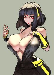 Rule 34 | 1girl, armband, bare shoulders, beatmania, beatmania iidx, black hair, blunt bangs, bob cut, bodysuit, breasts, cleavage, commentary, detached sleeves, english commentary, eu03, facepaint, grey background, headphones, hinazuki ririna, huge breasts, looking at viewer, medium hair, nail polish, red eyes, red nails, solo, undersized clothes, unzipped