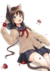 Rule 34 | 1girl, :d, animal ears, arm at side, blue sailor collar, blue skirt, blurry, brown cardigan, brown hair, buttons, cardigan, cat ears, cat girl, cat tail, collarbone, commentary request, depth of field, fang, feet out of frame, flower, green eyes, green ribbon, hair ribbon, hand up, knee up, long hair, long sleeves, looking at viewer, low twintails, lying, midorikawa you, miniskirt, neckerchief, on back, open mouth, original, pleated skirt, red flower, red neckerchief, ribbon, rose, sailor collar, school uniform, sidelocks, simple background, skirt, sleeves past wrists, smile, solo, tail, thighhighs, twintails, white background, white thighhighs, zettai ryouiki