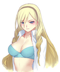 Rule 34 | 10s, 1girl, blonde hair, blue bra, blue eyes, blush, bra, breasts, celia kumani entory, cleavage, drill hair, hairband, large breasts, long hair, looking at viewer, open clothes, open shirt, sakamoto mineji, shirt, simple background, sketch, solo, underwear, upper body, walkure romanze, white background