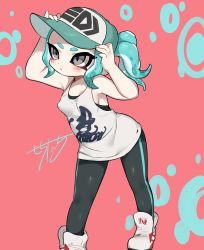 Rule 34 | aqua hair, blush, breasts, cephalopod eyes, covered erect nipples, grey eyes, hat, nama namusan, nintendo, octoling, octoling girl, octoling player character, pantyhose, pointy ears, shoes, singlet, small breasts, sneakers, solo, splatoon (series), splatoon 2, splatoon 2: octo expansion, suction cups, tentacle hair