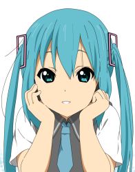 Rule 34 | 1girl, beni oboro, blue eyes, blue necktie, collared shirt, cosplay, derivative work, eyebrows, hair between eyes, hands on own cheeks, hands on own face, hatsune miku, k-on!, long hair, looking at viewer, nakano azusa, necktie, shirt, short sleeves, smile, solo, twintails, vest, vocaloid, white shirt