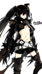 Rule 34 | 10s, 1girl, armor, belt, black hair, black rock shooter, flat chest, gauntlets, greaves, insane black rock shooter, long hair, midriff, navel, pale skin, purple eyes, scar, shorts, solo, starshadowmagician, stitches, twintails