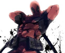 Rule 34 | 1boy, animification, arms up, bad id, bad pixiv id, bag, belt, belt pouch, bodysuit, deadpool, deadpool (series), fxpdj, katana, kouta (fxpdj), looking at viewer, looking down, male focus, marvel, muscular, pouch, sheath, sheathed, simple background, skin tight, solo, sword, unsheathing, weapon, weapon on back, white background