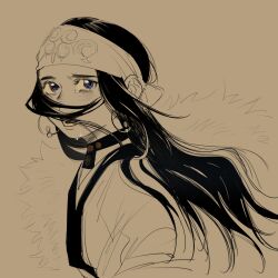 Rule 34 | 1girl, ainu, ainu clothes, asirpa, blue eyes, blush, choker, cloak, crying, earrings, floating hair, from side, fur cloak, golden kamuy, hair over face, headband, highres, hoop earrings, jewelry, long hair, long sleeves, looking at viewer, looking to the side, monochrome, open mouth, sad, sketch, solo, songyeerhu, spot color, upper body