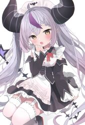Rule 34 | 1girl, ahoge, apron, black horns, braid, braided bangs, cosplay, frilled sleeves, frills, grey hair, highres, hololive, horns, la+ darknesss, long hair, maid, maid apron, maid headdress, multicolored hair, nocchi (r ws2l), pointy ears, purple hair, streaked hair, striped horns, thighhighs, twintails, virtual youtuber, white thighhighs, yellow eyes, yuzuki choco, yuzuki choco (cosplay), yuzuki choco (maid)