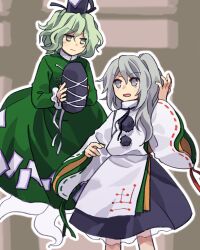 Rule 34 | 2girls, arm up, black headwear, black skirt, closed mouth, commentary request, detached sleeves, dress, flat chest, frilled sleeves, frills, ghost tail, green dress, green eyes, green hair, grey eyes, grey hair, hat, highres, holding, holding clothes, holding hat, japanese clothes, kaigen 1025, kariginu, long hair, long sleeves, mononobe no futo, multiple girls, ofuda, ofuda on clothes, one side up, open mouth, ribbon-trimmed sleeves, ribbon trim, short hair, skirt, soga no tojiko, tate eboshi, touhou, v-shaped eyebrows, wavy hair, white sleeves, wide sleeves